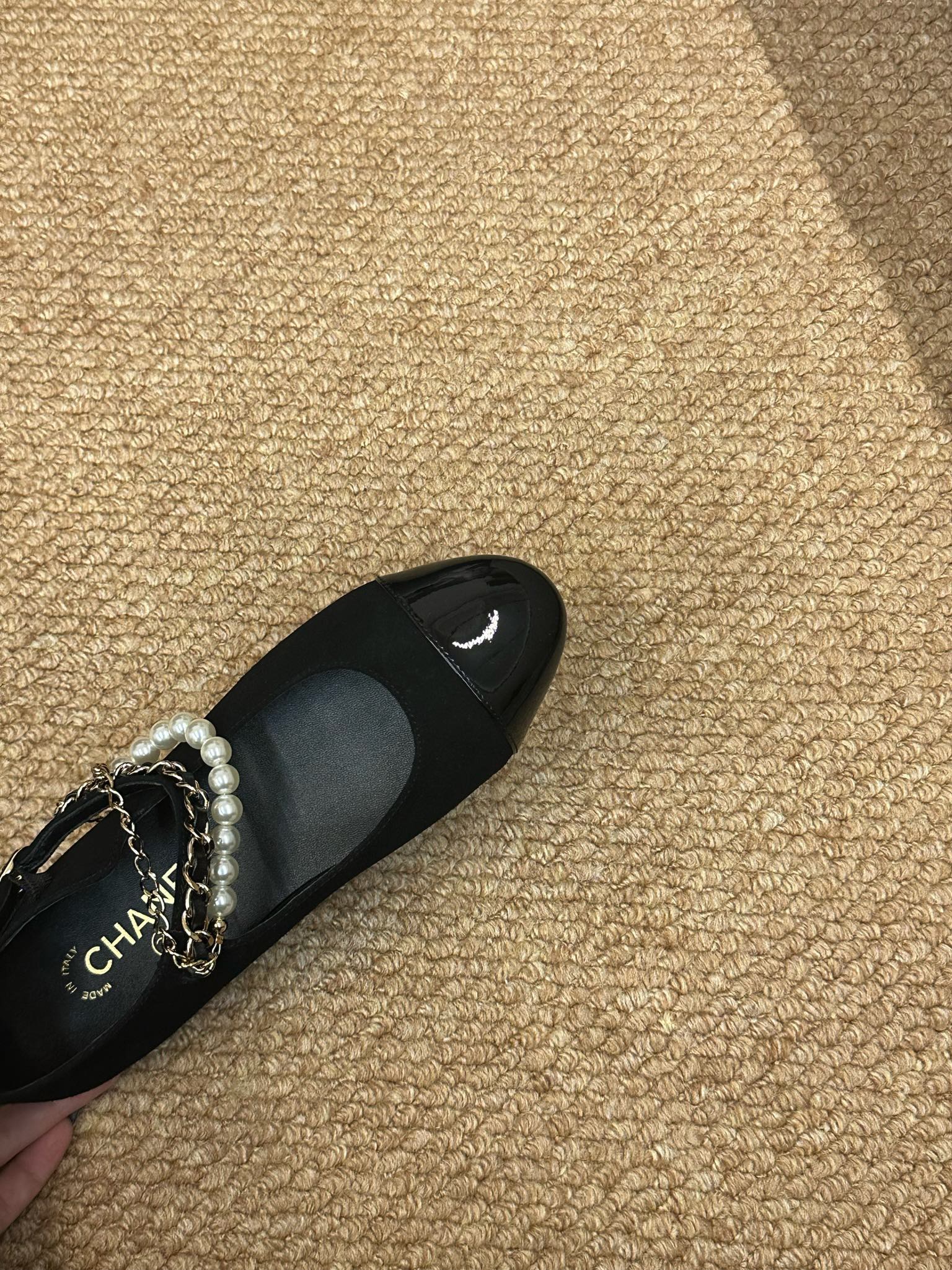 CHANEL 26S MARY JANE PEARL STRAP FLATS IN BLACK CALFSKIN