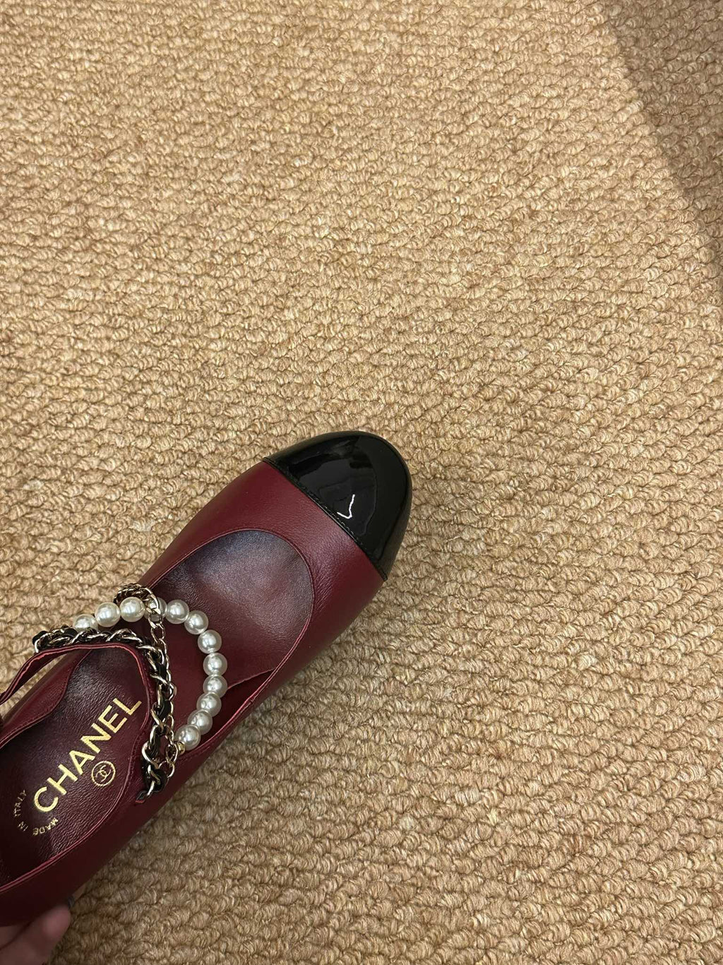 CHANEL 26S MARY JANE PEARL STRAP HIGH HEELS IN BURGUNDY RED CALFSKIN