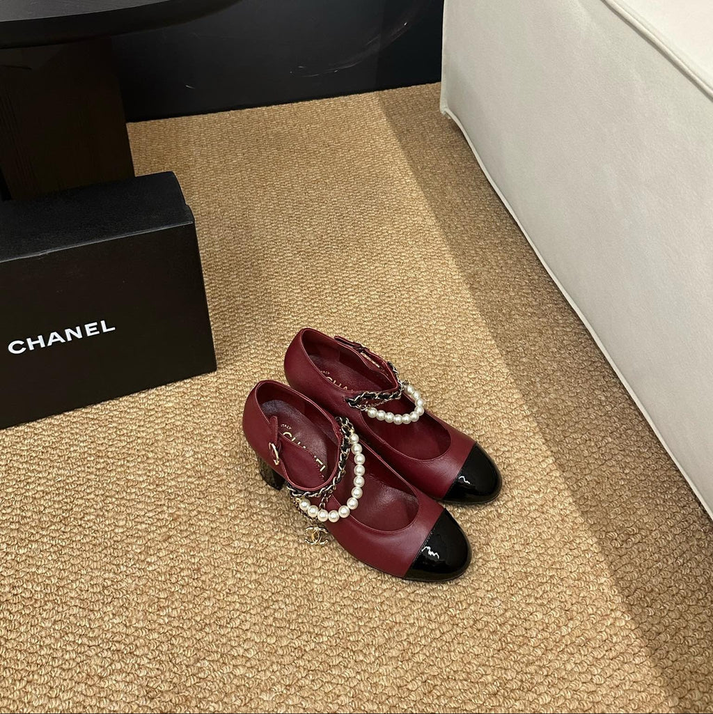 CHANEL 26S MARY JANE PEARL STRAP HIGH HEELS IN BURGUNDY RED CALFSKIN