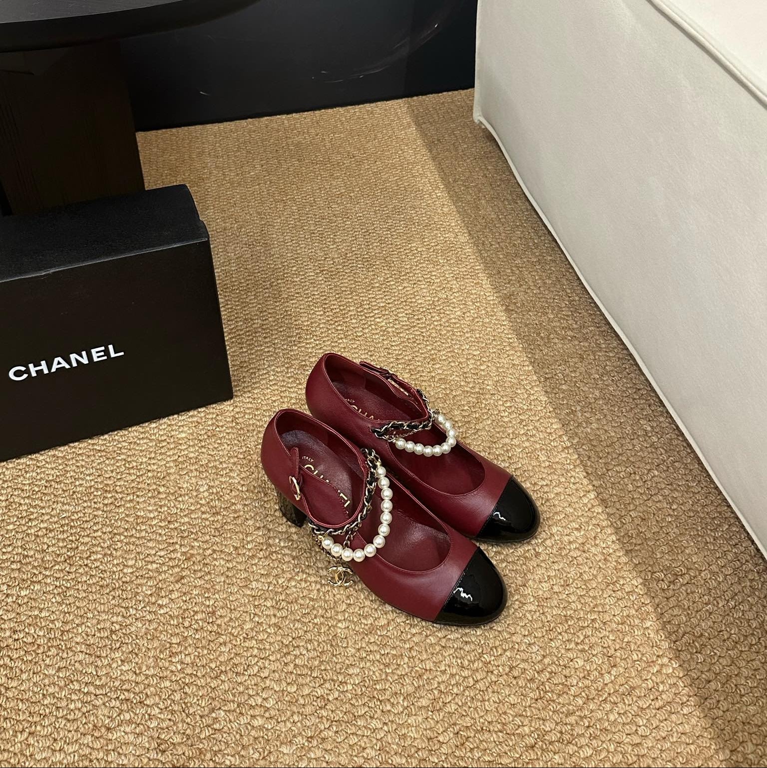 CHANEL 26S MARY JANE PEARL STRAP HIGH HEELS IN BURGUNDY RED CALFSKIN