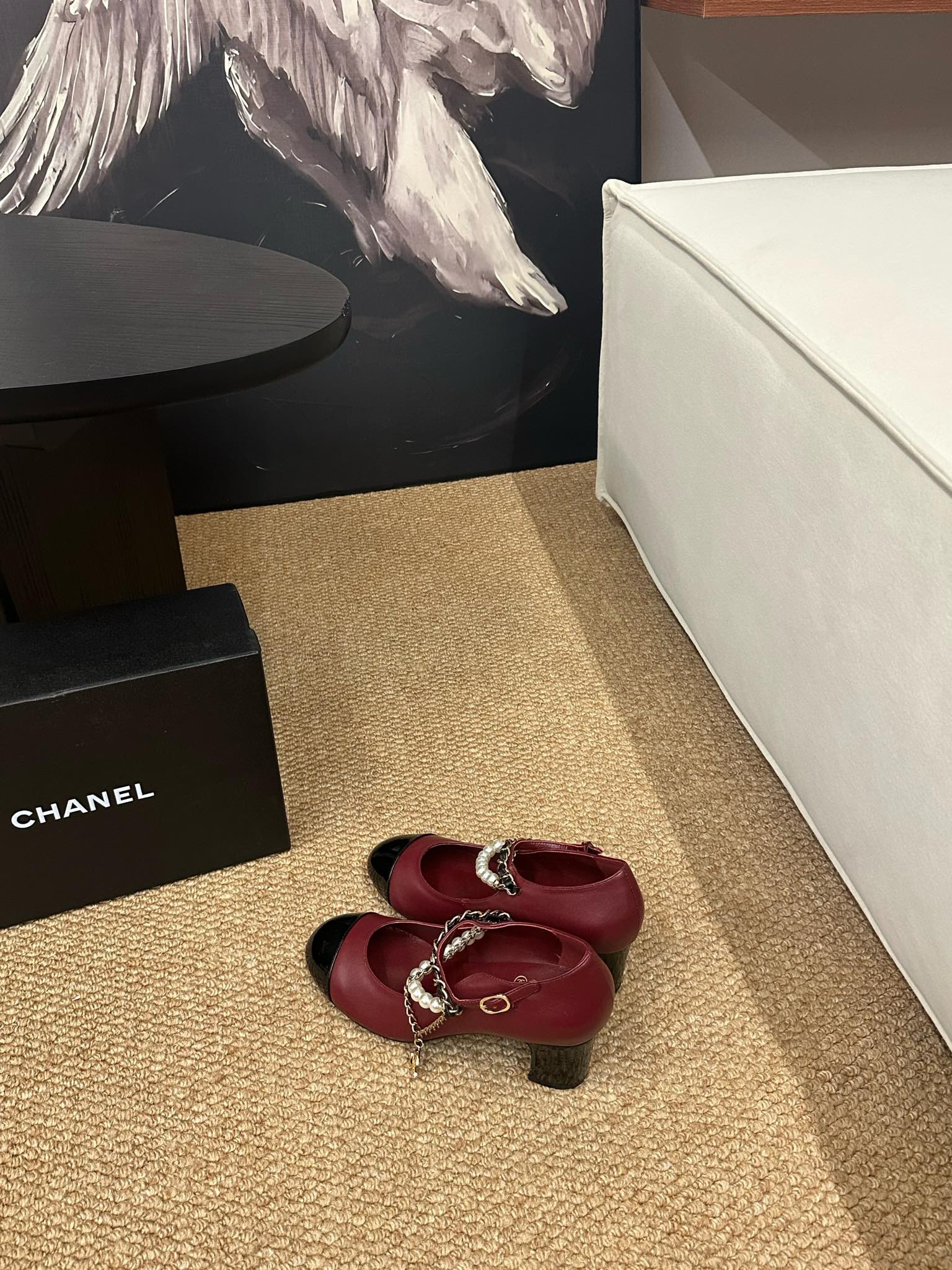 CHANEL 26S MARY JANE PEARL STRAP HIGH HEELS IN BURGUNDY RED CALFSKIN