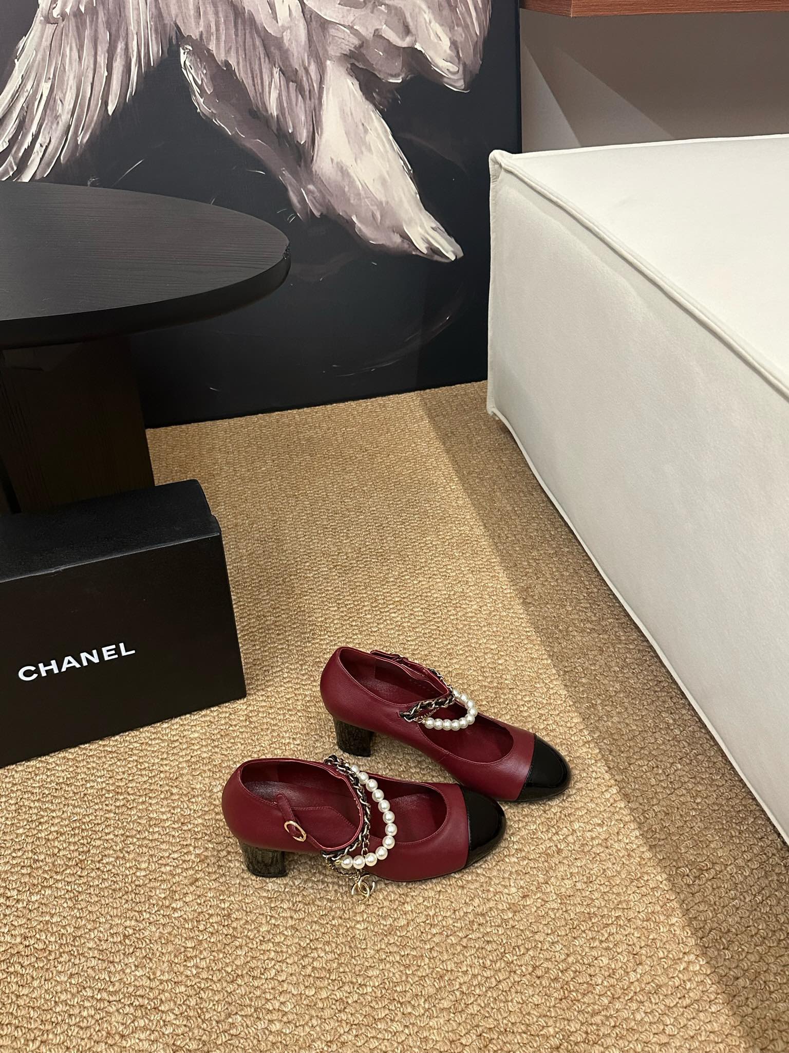 CHANEL 26S MARY JANE PEARL STRAP HIGH HEELS IN BURGUNDY RED CALFSKIN