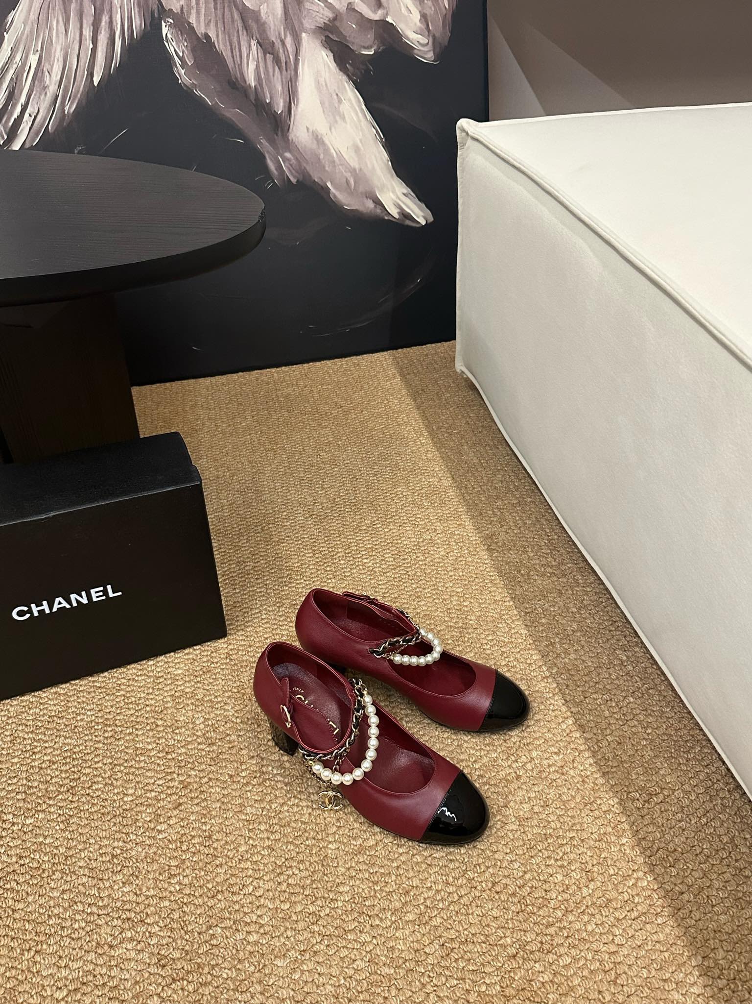 CHANEL 26S MARY JANE PEARL STRAP HIGH HEELS IN BURGUNDY RED CALFSKIN