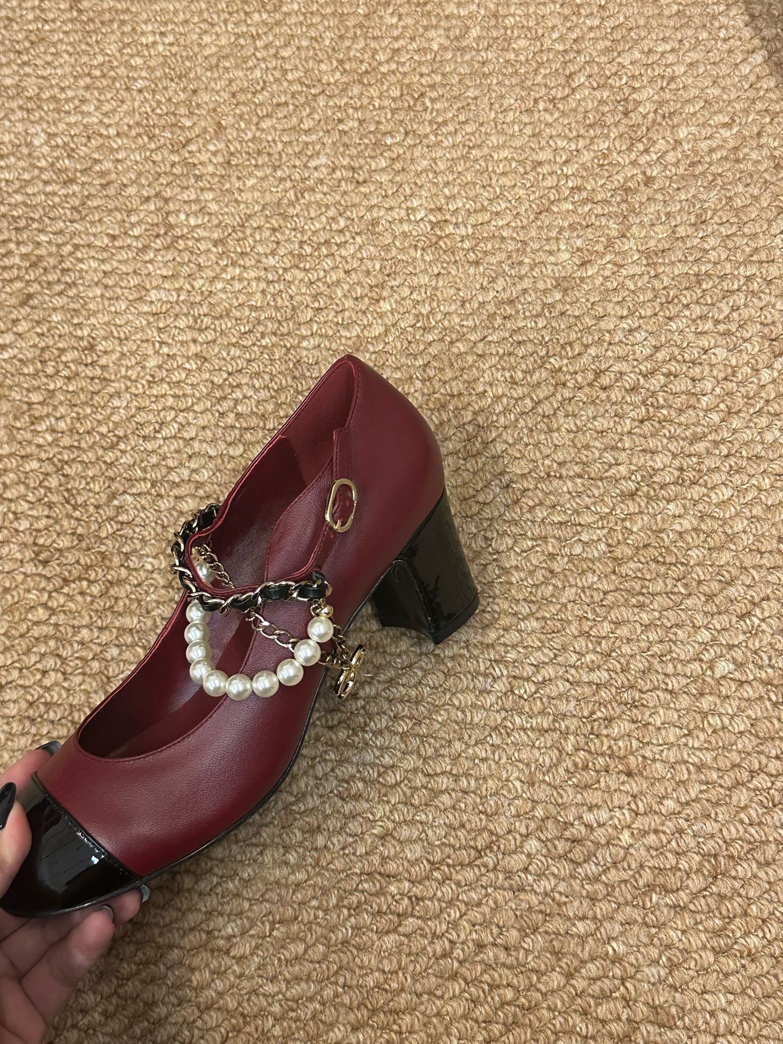 CHANEL 26S MARY JANE PEARL STRAP HIGH HEELS IN BURGUNDY RED CALFSKIN