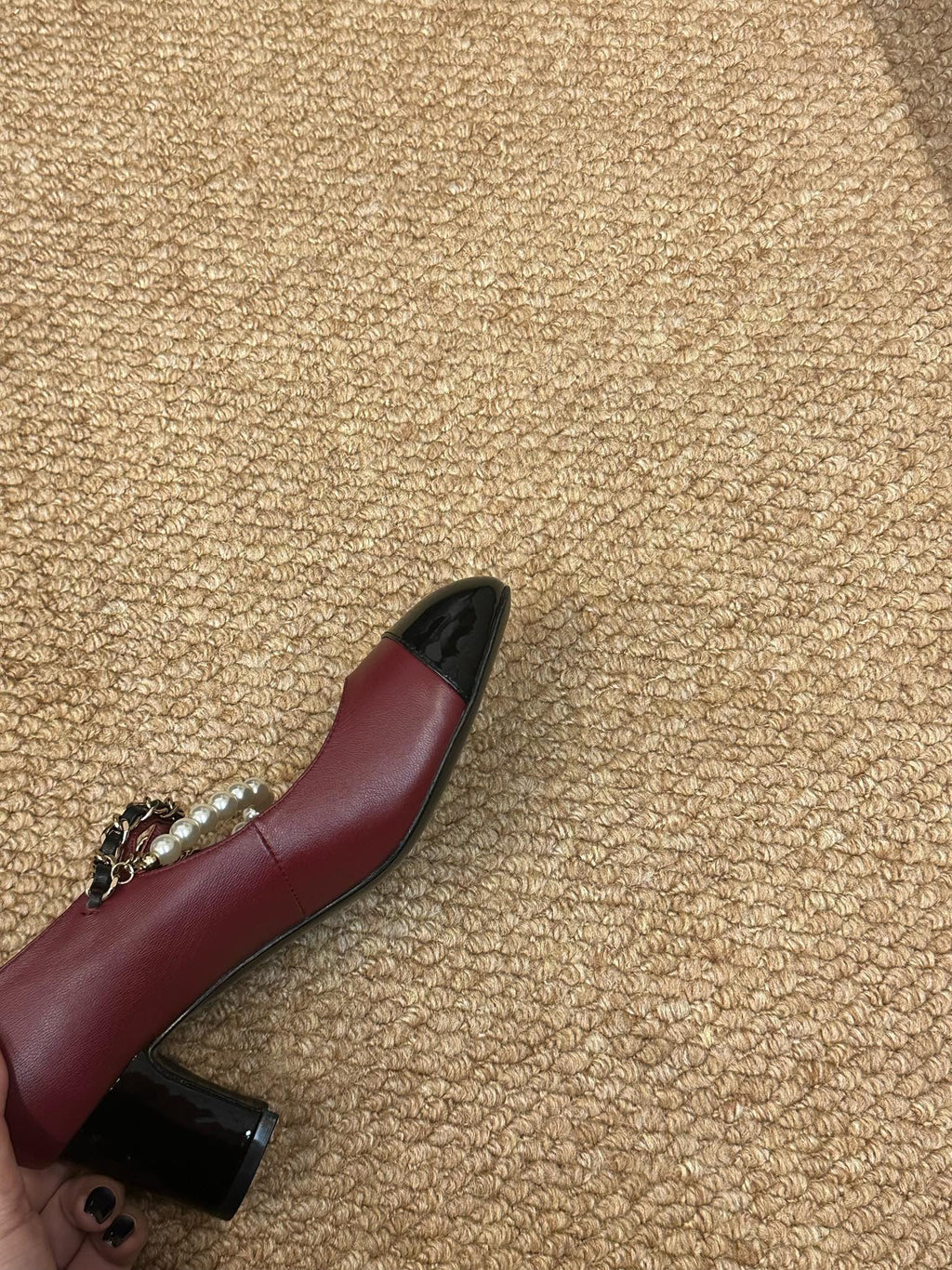 CHANEL 26S MARY JANE PEARL STRAP HIGH HEELS IN BURGUNDY RED CALFSKIN