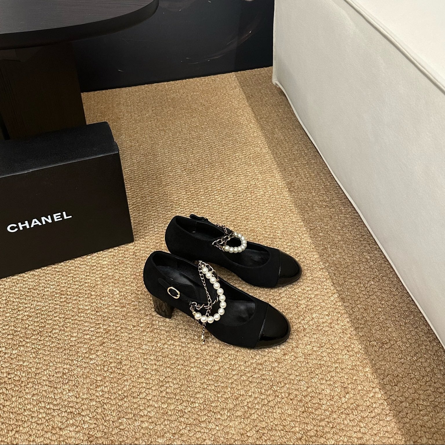 CHANEL 26S MARY JANE PEARL STRAP HIGH HEELS IN BLACK CALFSKIN