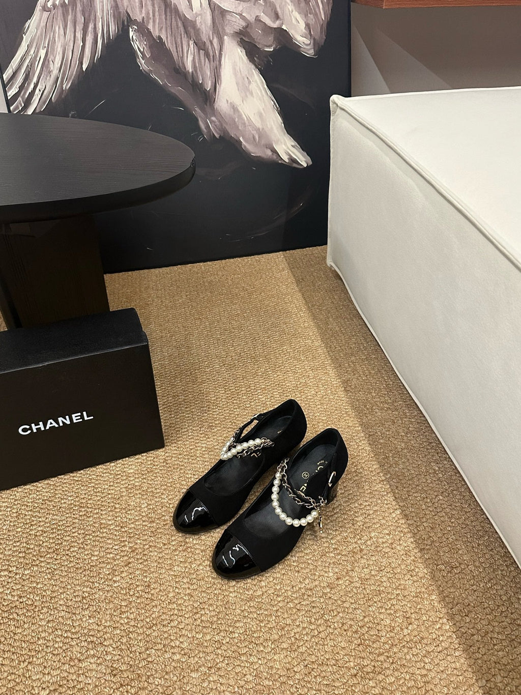 CHANEL 26S MARY JANE PEARL STRAP HIGH HEELS IN BLACK CALFSKIN
