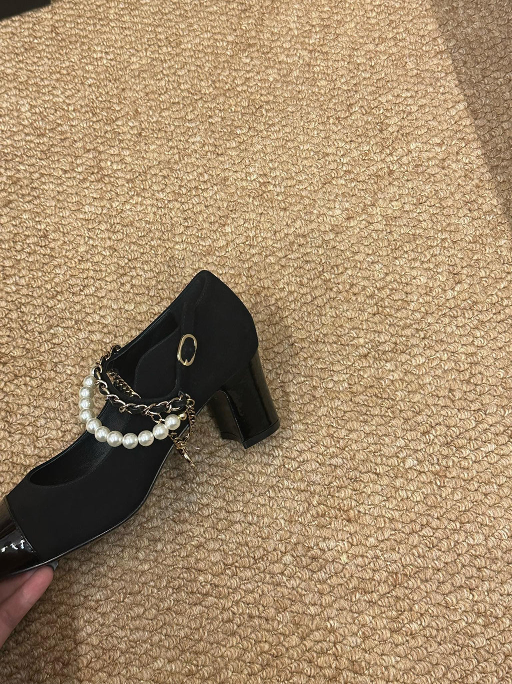CHANEL 26S MARY JANE PEARL STRAP HIGH HEELS IN BLACK CALFSKIN