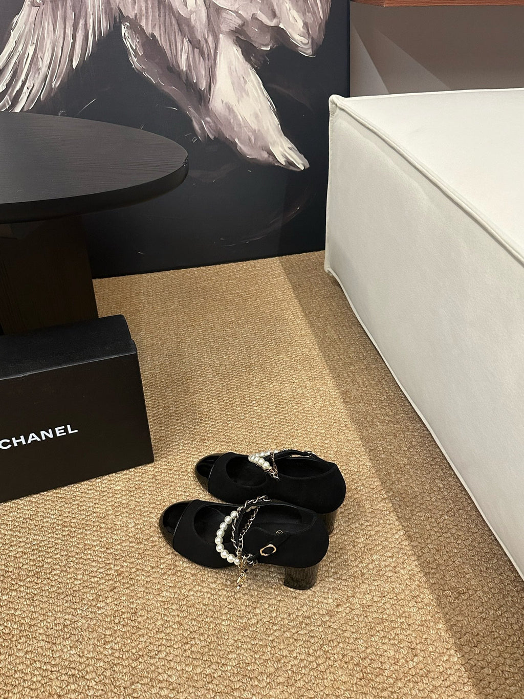 CHANEL 26S MARY JANE PEARL STRAP HIGH HEELS IN BLACK CALFSKIN