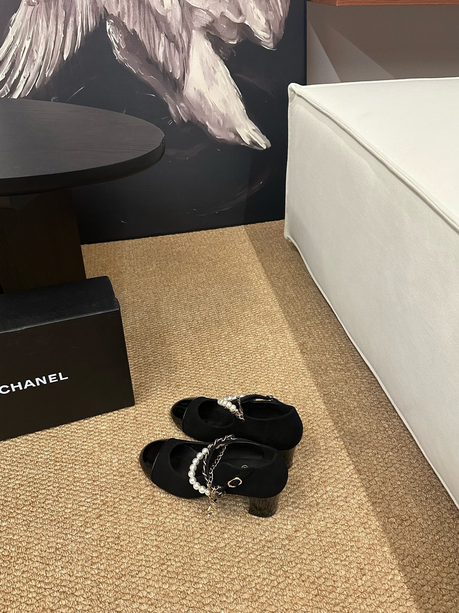 CHANEL 26S MARY JANE PEARL STRAP HIGH HEELS IN BLACK CALFSKIN