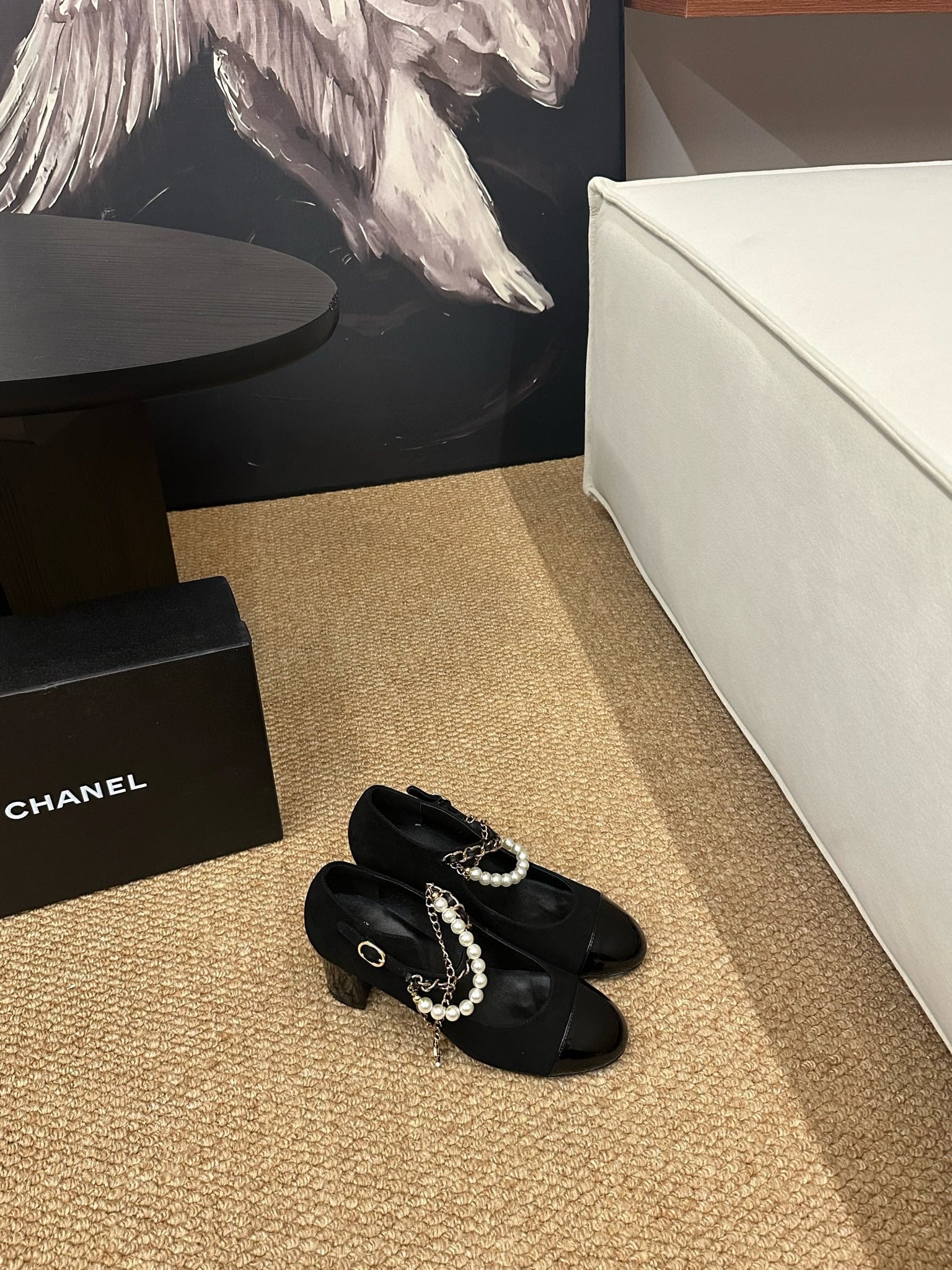 CHANEL 26S MARY JANE PEARL STRAP HIGH HEELS IN BLACK CALFSKIN