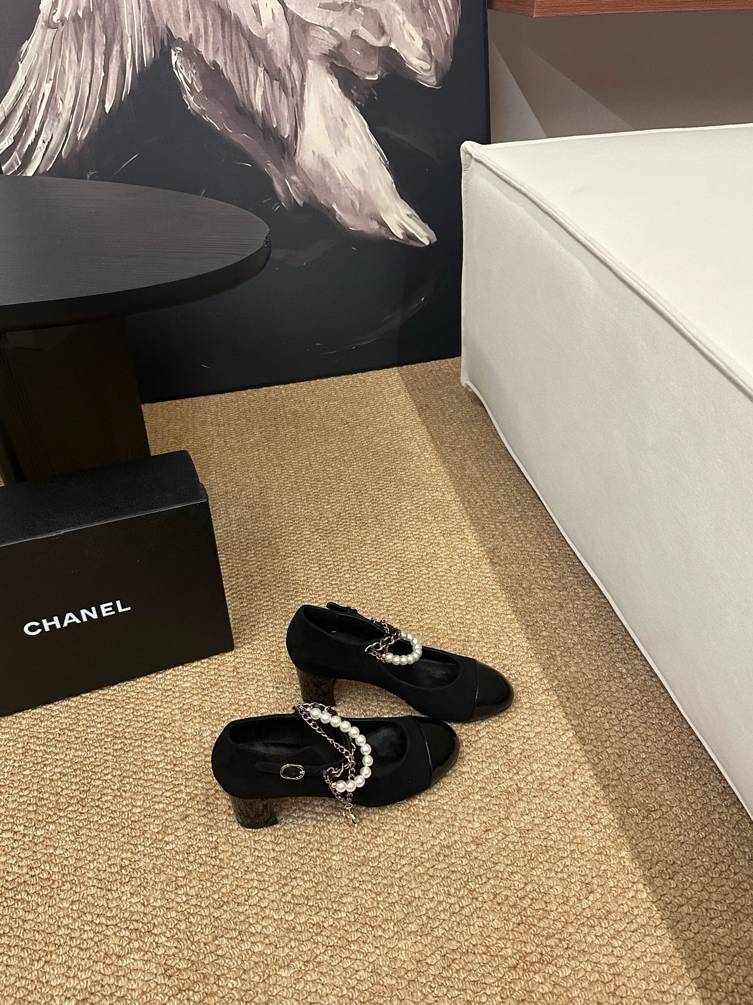 CHANEL 26S MARY JANE PEARL STRAP HIGH HEELS IN BLACK CALFSKIN