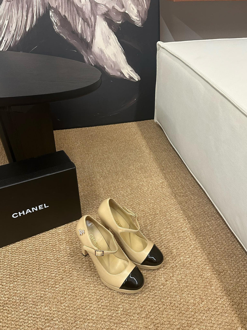 CHANEL 26S MARY JANE HEELS IN BEIGE CALFSKIN WITH BLACK CAP TOE