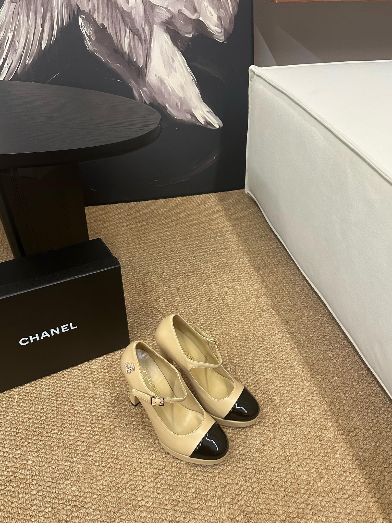 CHANEL 26S MARY JANE HEELS IN BEIGE CALFSKIN WITH BLACK CAP TOE