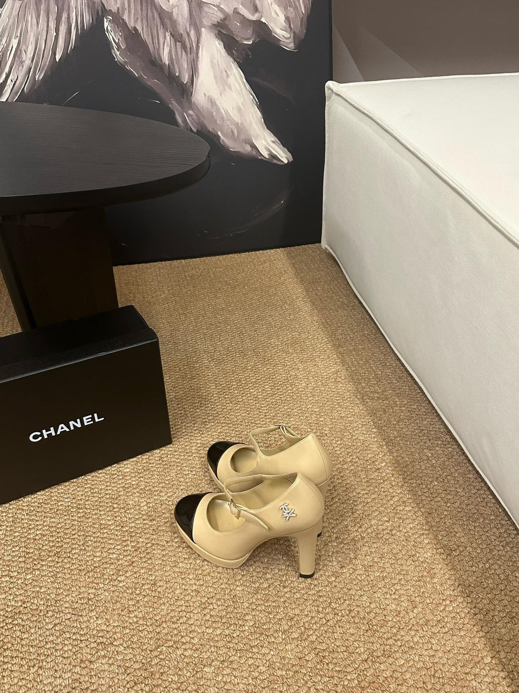 CHANEL 26S MARY JANE HEELS IN BEIGE CALFSKIN WITH BLACK CAP TOE