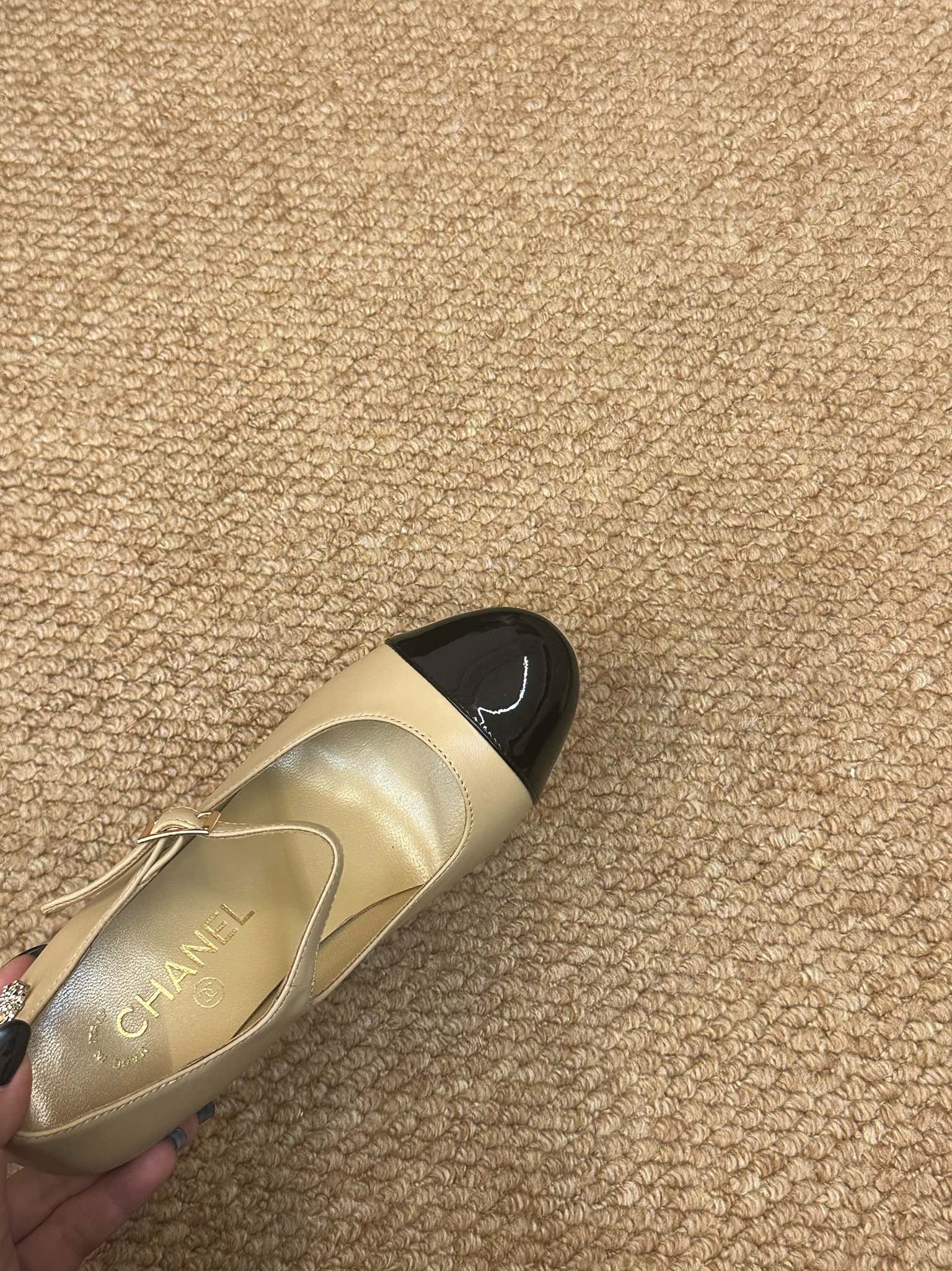 CHANEL 26S MARY JANE HEELS IN BEIGE CALFSKIN WITH BLACK CAP TOE