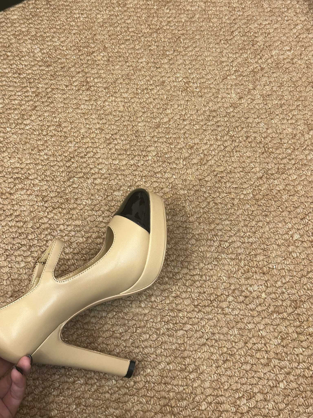 CHANEL 26S MARY JANE HEELS IN BEIGE CALFSKIN WITH BLACK CAP TOE