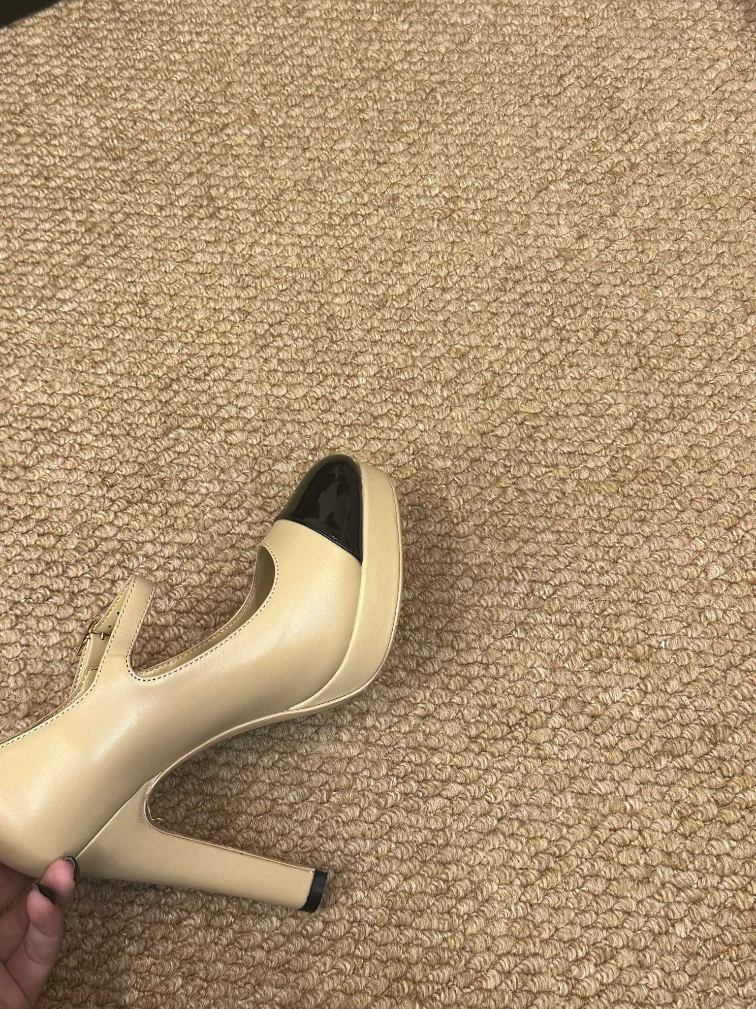 CHANEL 26S MARY JANE HEELS IN BEIGE CALFSKIN WITH BLACK CAP TOE