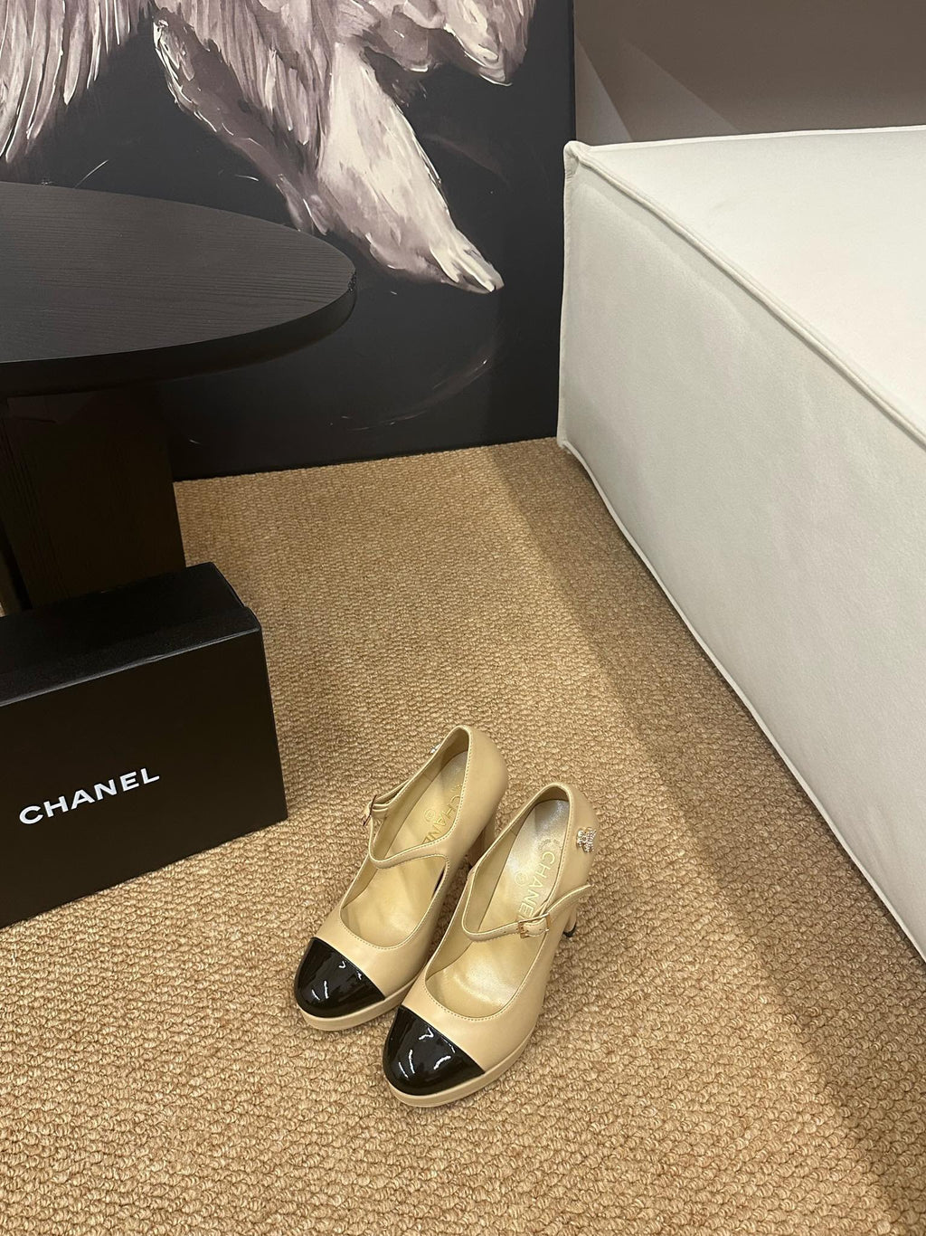 CHANEL 26S MARY JANE HEELS IN BEIGE CALFSKIN WITH BLACK CAP TOE