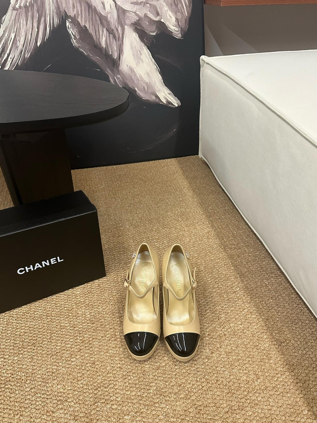 CHANEL 26S MARY JANE HEELS IN BEIGE CALFSKIN WITH BLACK CAP TOE