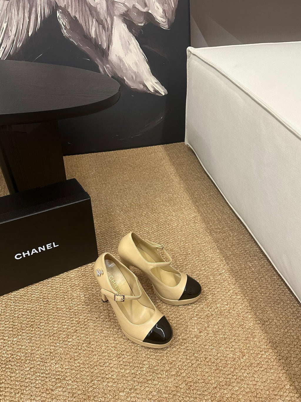 CHANEL 26S MARY JANE HEELS IN BEIGE CALFSKIN WITH BLACK CAP TOE