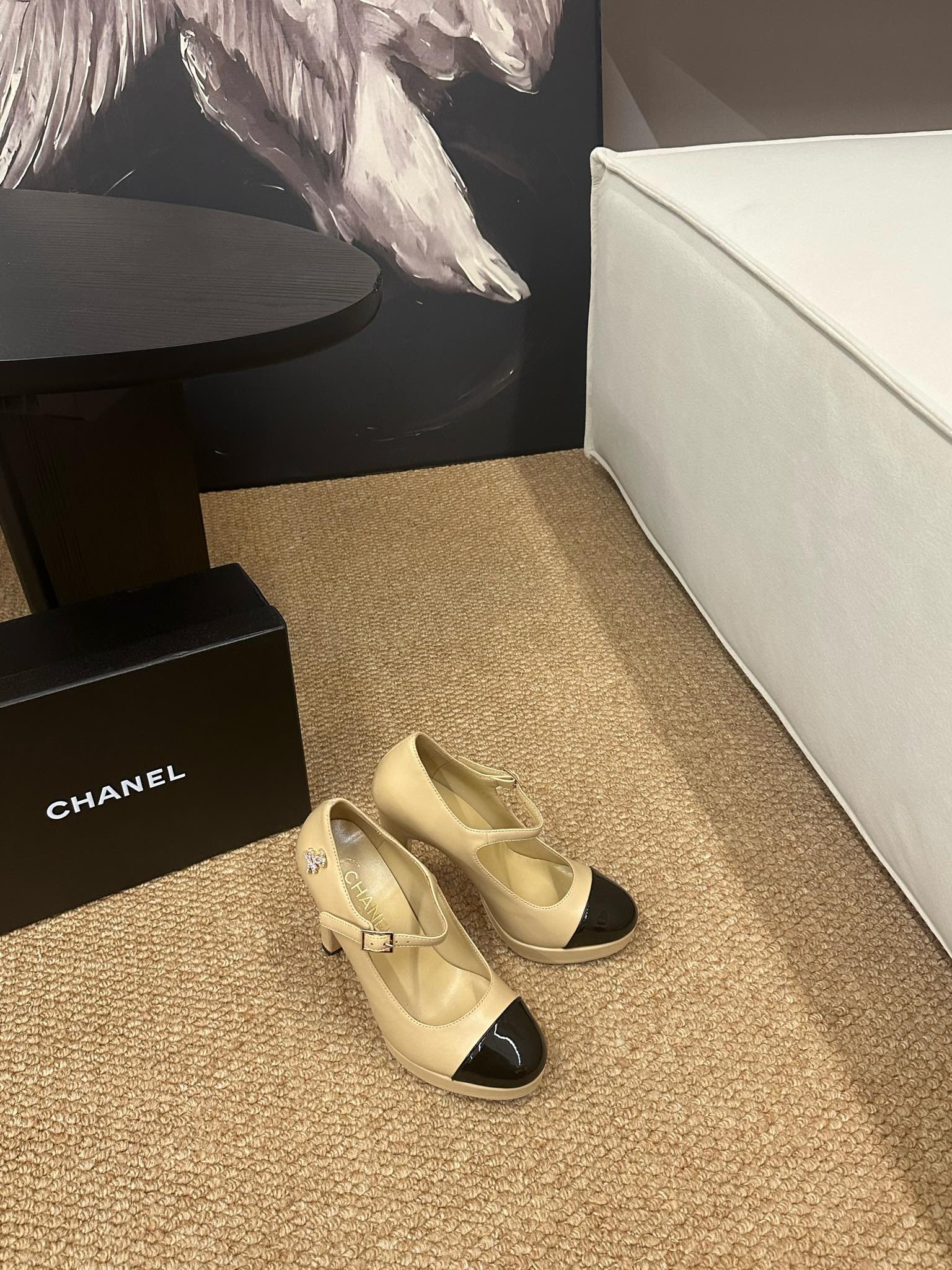 CHANEL 26S MARY JANE HEELS IN BEIGE CALFSKIN WITH BLACK CAP TOE
