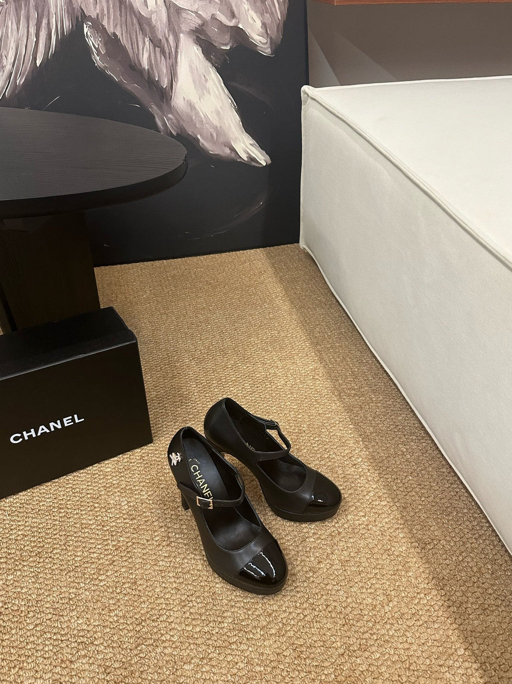 CHANEL 26S MARY JANE HEELS IN BLACK CALFSKIN CAP TOE
