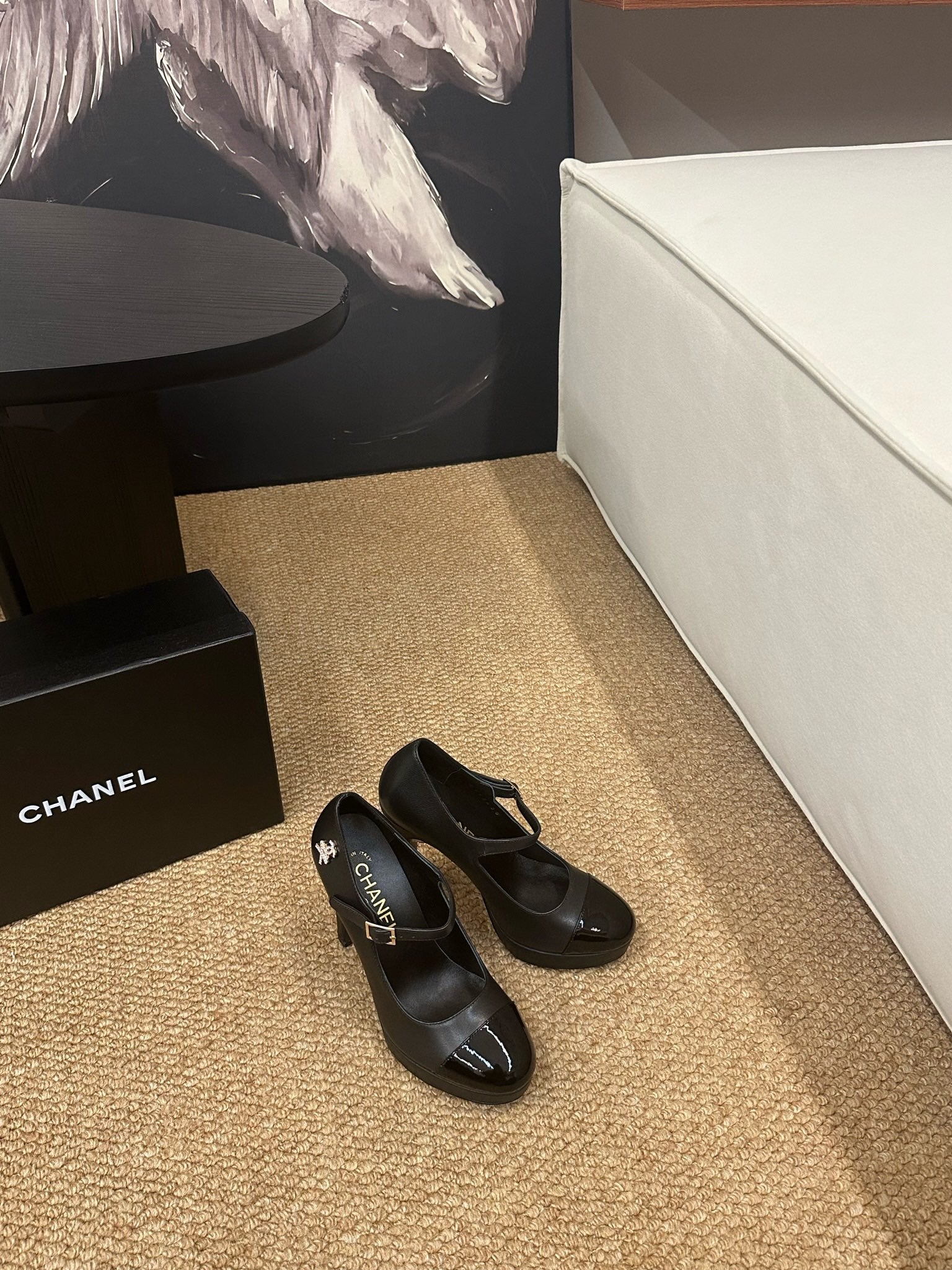 CHANEL 26S MARY JANE HEELS IN BLACK CALFSKIN CAP TOE