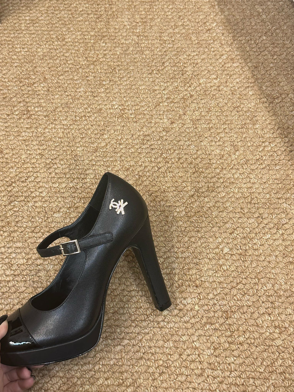 CHANEL 26S MARY JANE HEELS IN BLACK CALFSKIN CAP TOE