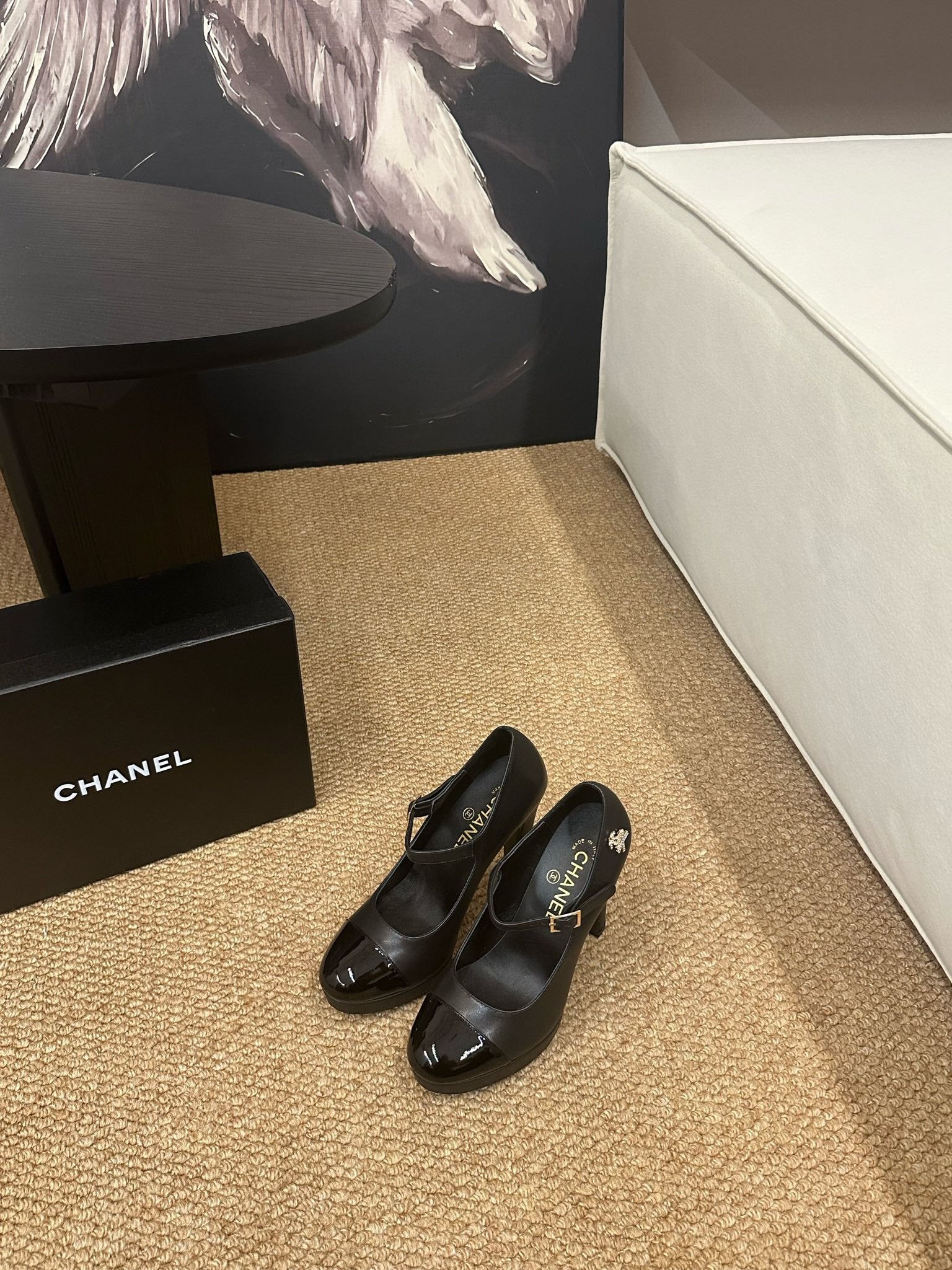 CHANEL 26S MARY JANE HEELS IN BLACK CALFSKIN CAP TOE