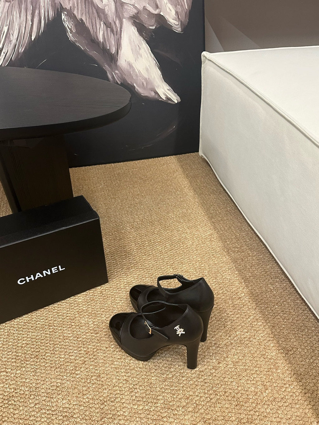 CHANEL 26S MARY JANE HEELS IN BLACK CALFSKIN CAP TOE