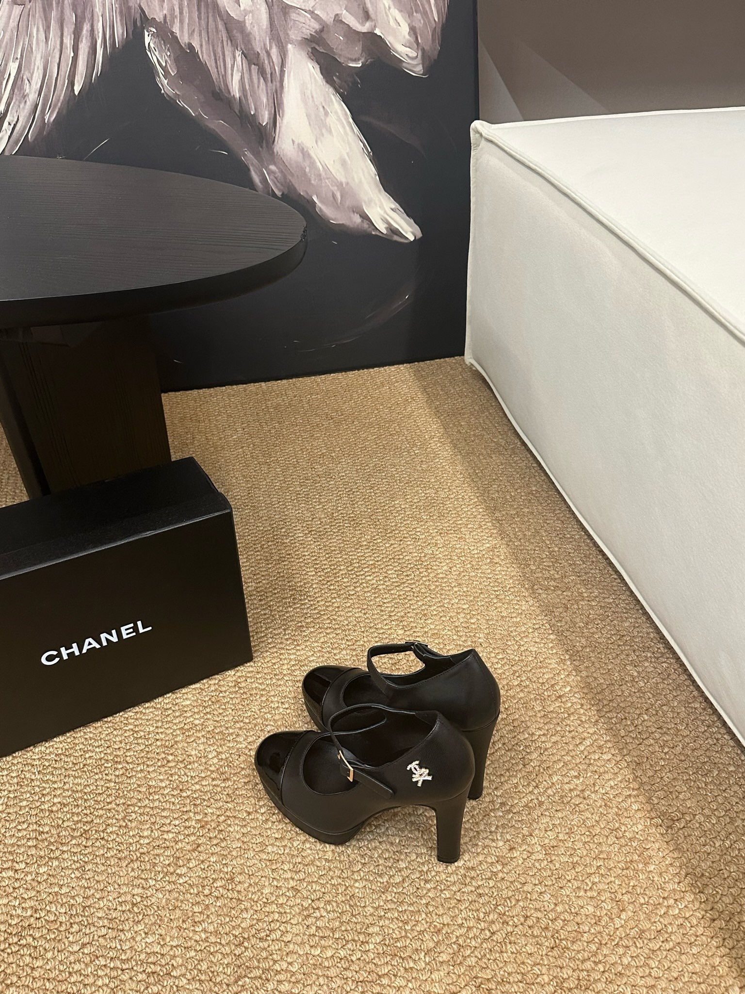 CHANEL 26S MARY JANE HEELS IN BLACK CALFSKIN CAP TOE