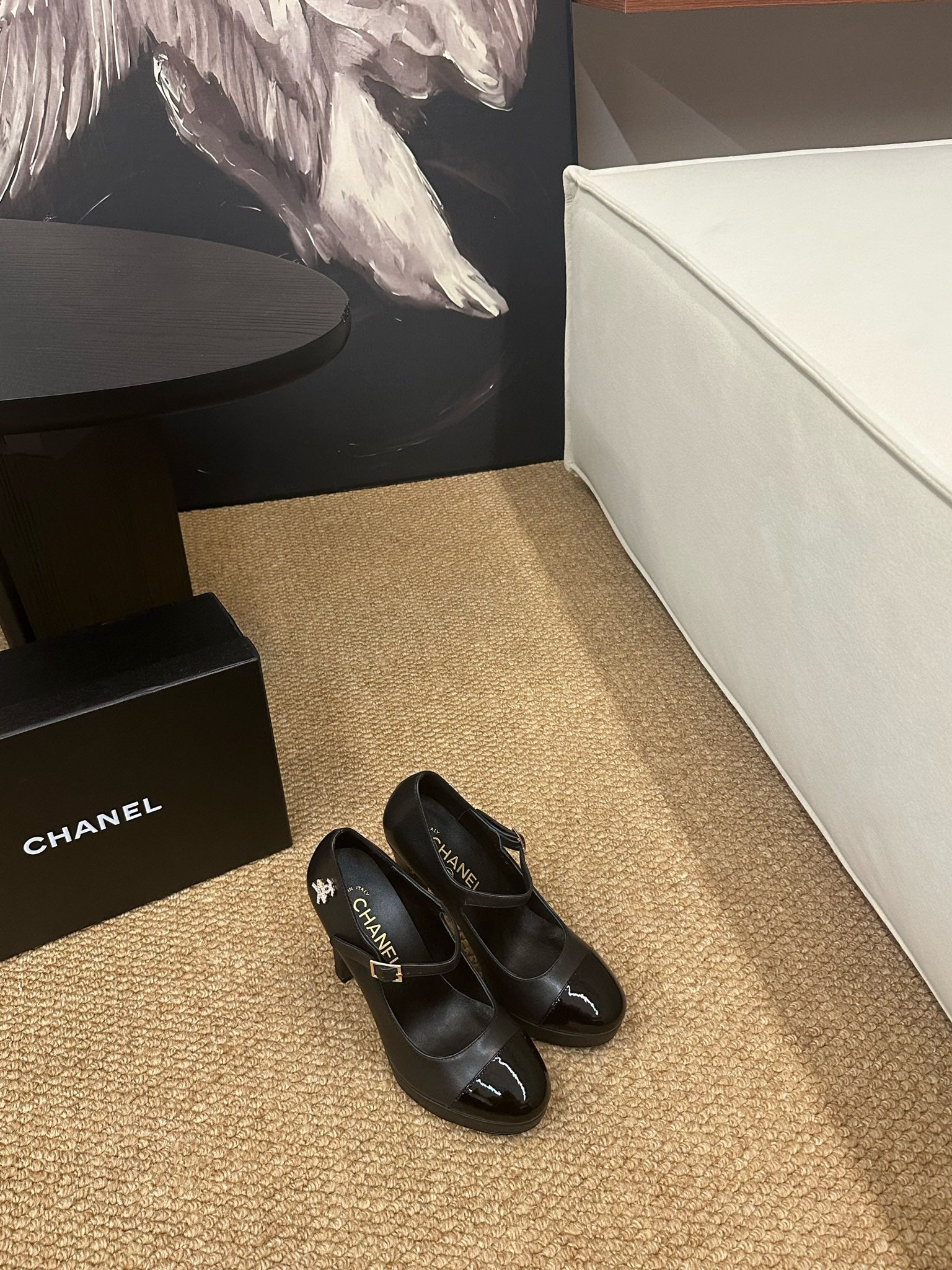 CHANEL 26S MARY JANE HEELS IN BLACK CALFSKIN CAP TOE