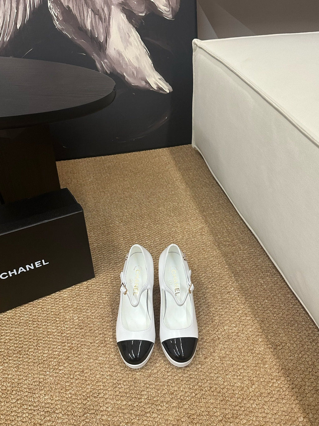 CHANEL 26S MARY JANE HEELS IN WHITE CALFSKIN WITH BLACK CAP TOE