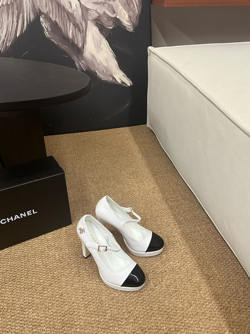 CHANEL 26S MARY JANE HEELS IN WHITE CALFSKIN WITH BLACK CAP TOE