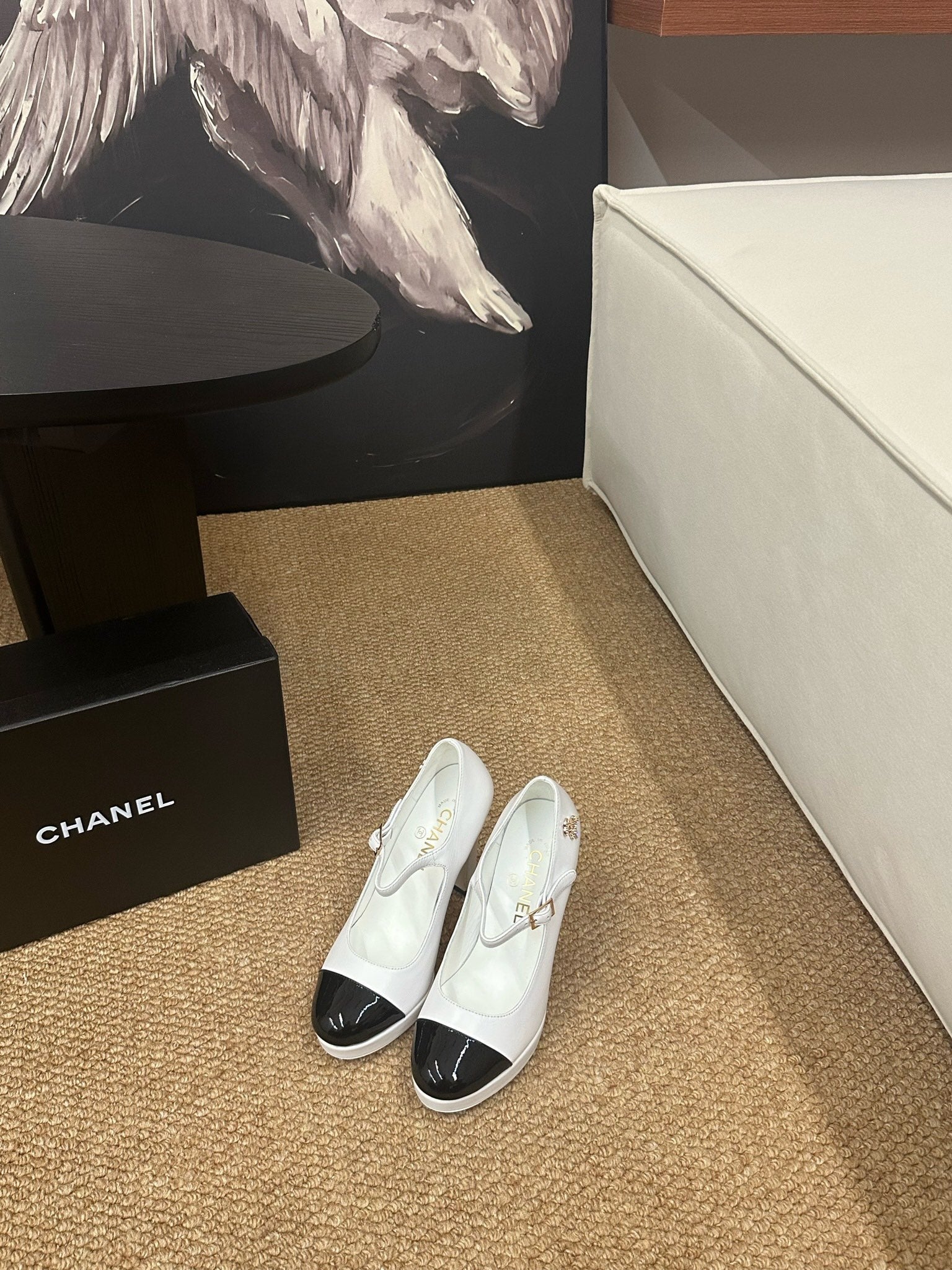CHANEL 26S MARY JANE HEELS IN WHITE CALFSKIN WITH BLACK CAP TOE