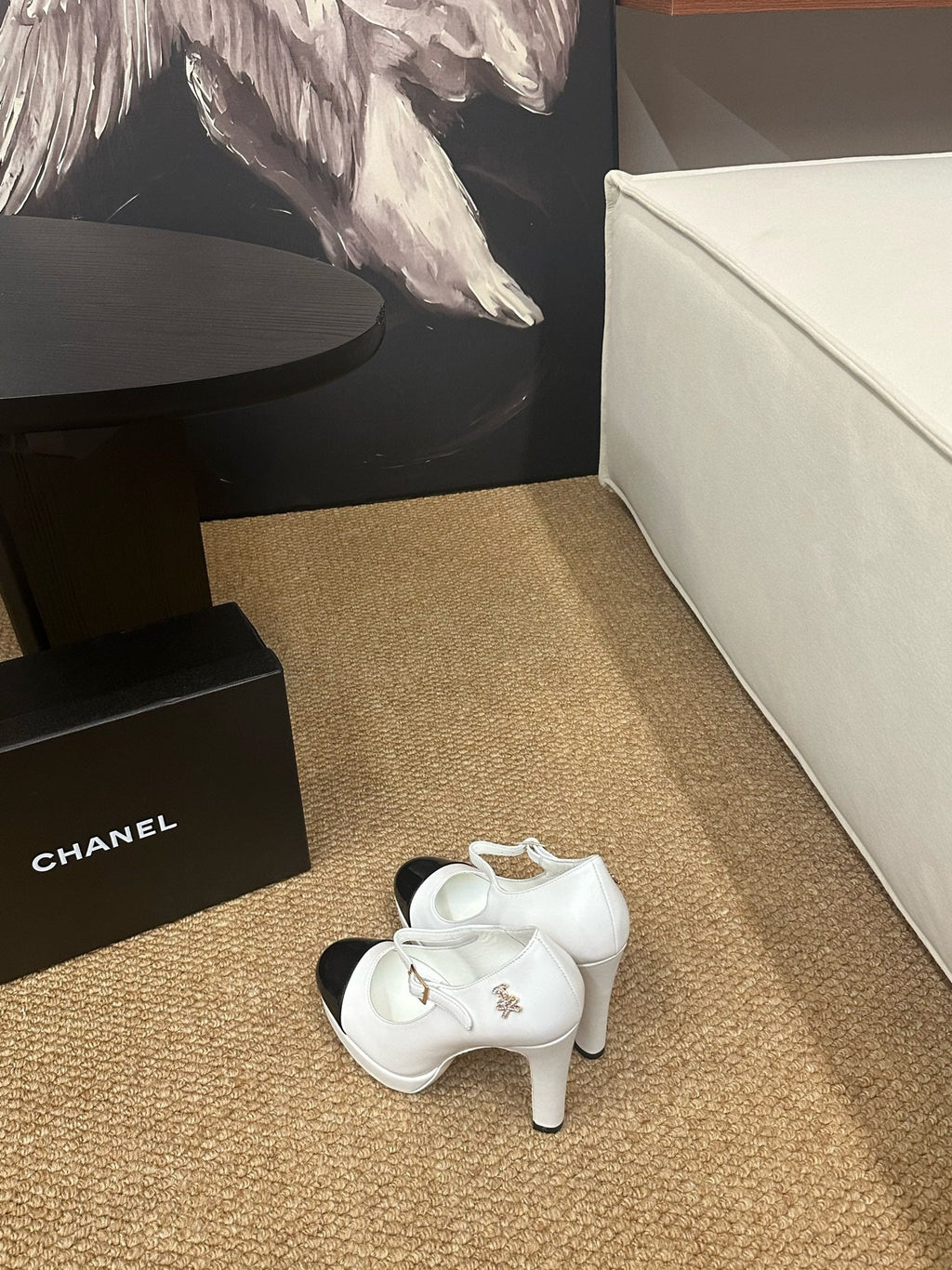 CHANEL 26S MARY JANE HEELS IN WHITE CALFSKIN WITH BLACK CAP TOE