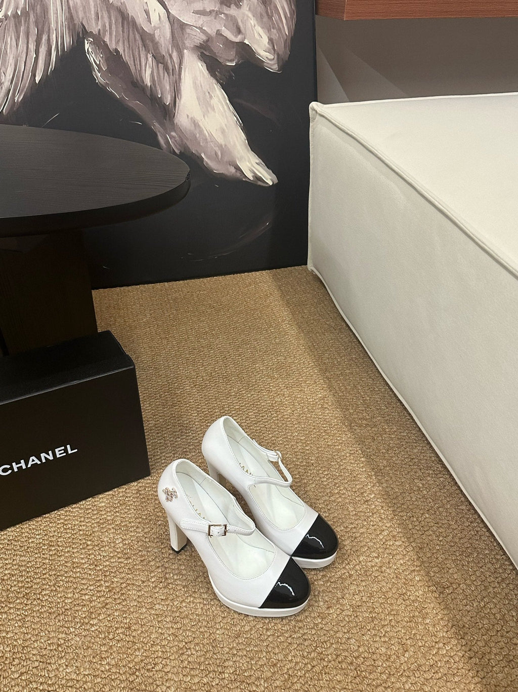 CHANEL 26S MARY JANE HEELS IN WHITE CALFSKIN WITH BLACK CAP TOE