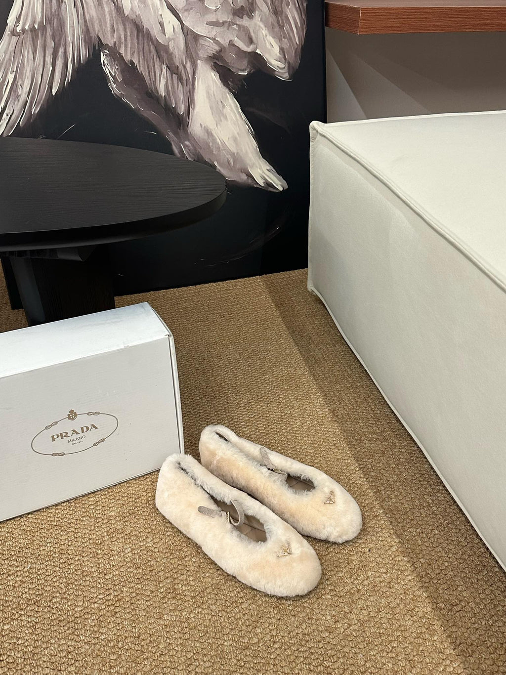 PRADA 26S SHEARLING BALLET FLATS IN CREAM WHITE