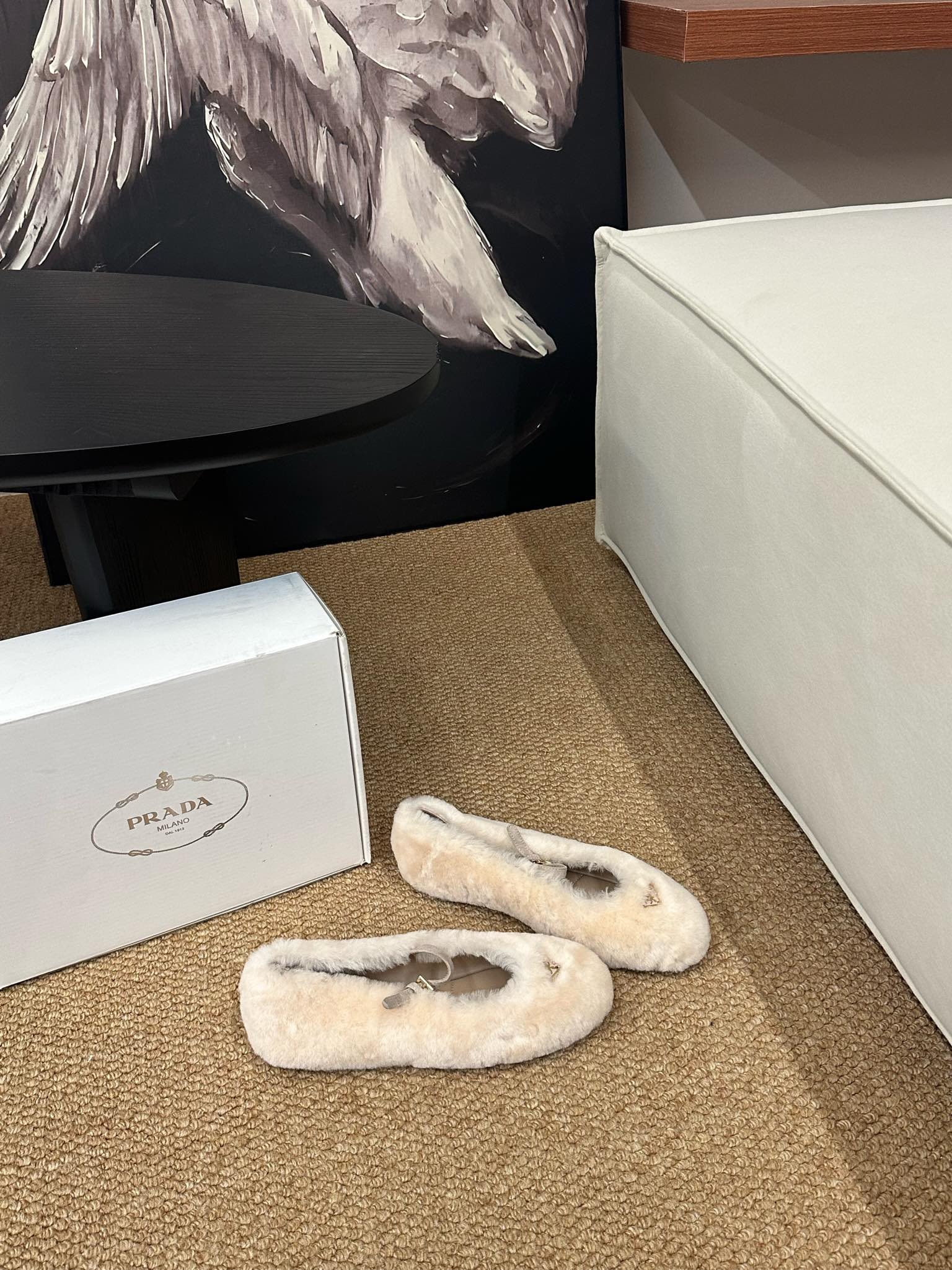 PRADA 26S SHEARLING BALLET FLATS IN CREAM WHITE