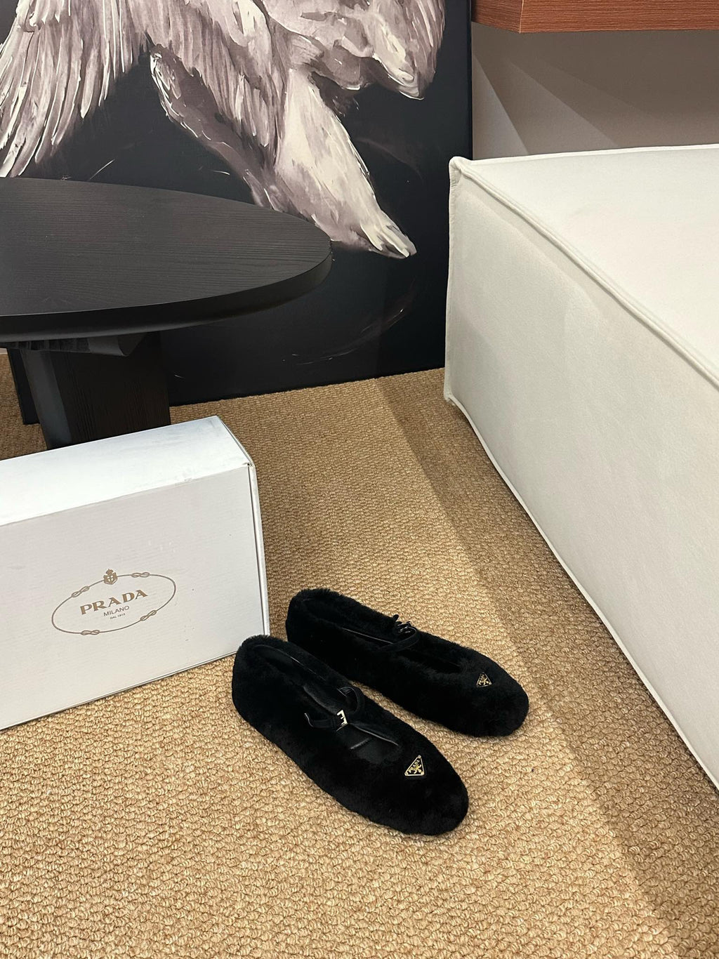 PRADA 26S SHEARLING BALLET FLATS IN BLACK