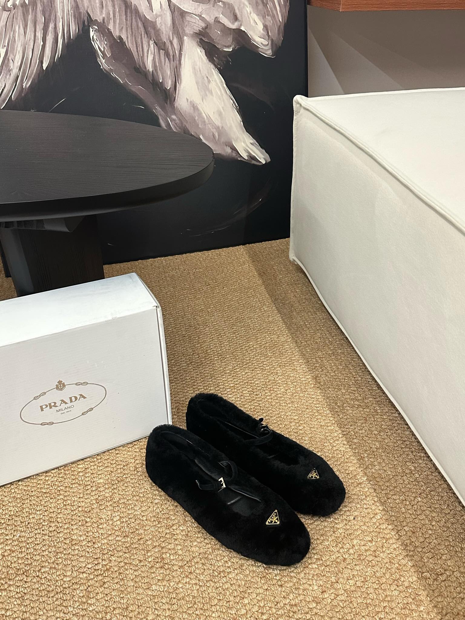 PRADA 26S SHEARLING BALLET FLATS IN BLACK