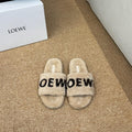 LOEWE 26S FLUFFY SLIDE SANDALS IN LIGHT BROWN SHEARLING LOGO