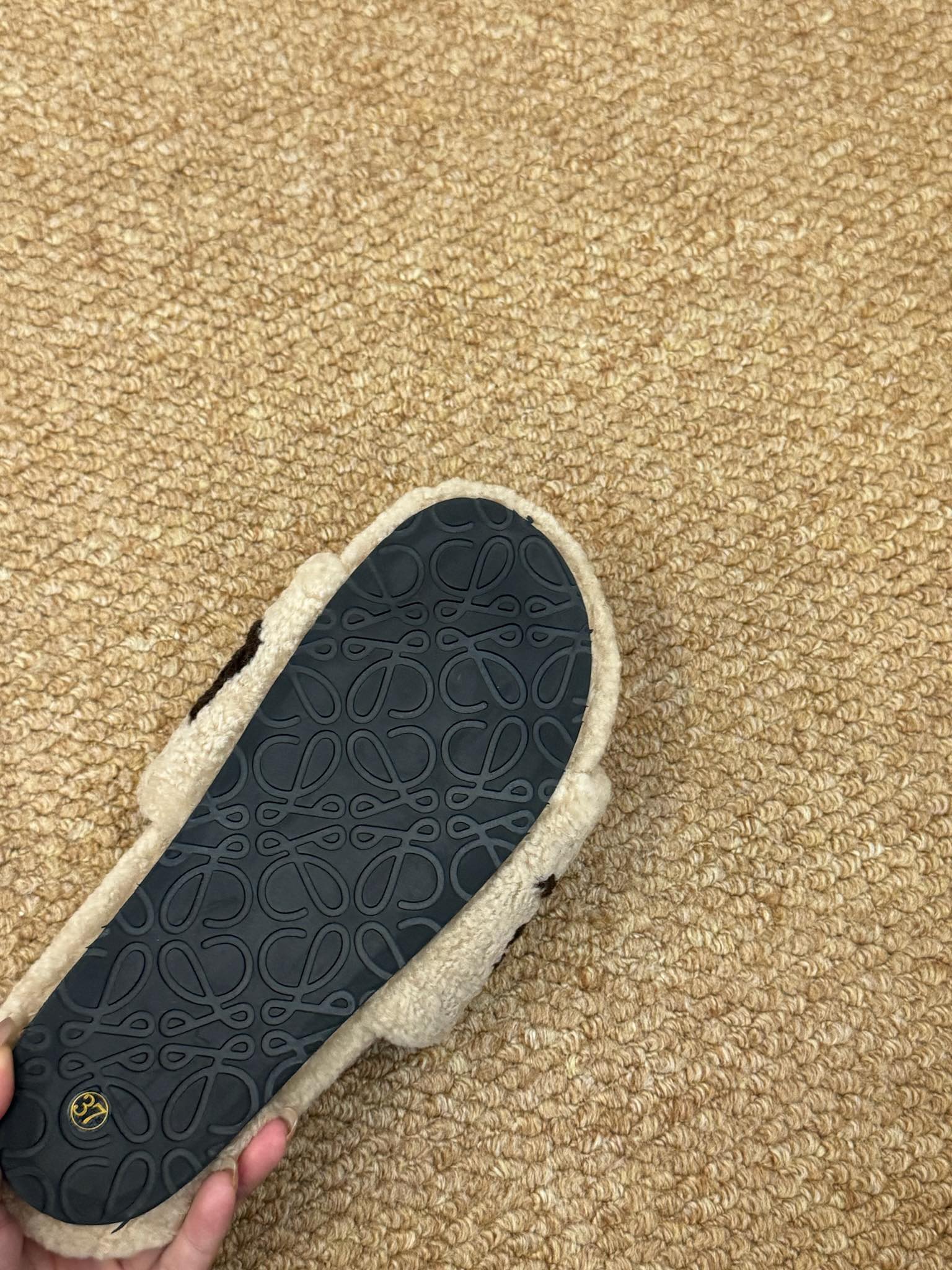 LOEWE 26S FLUFFY SLIDE SANDALS IN LIGHT BROWN SHEARLING LOGO