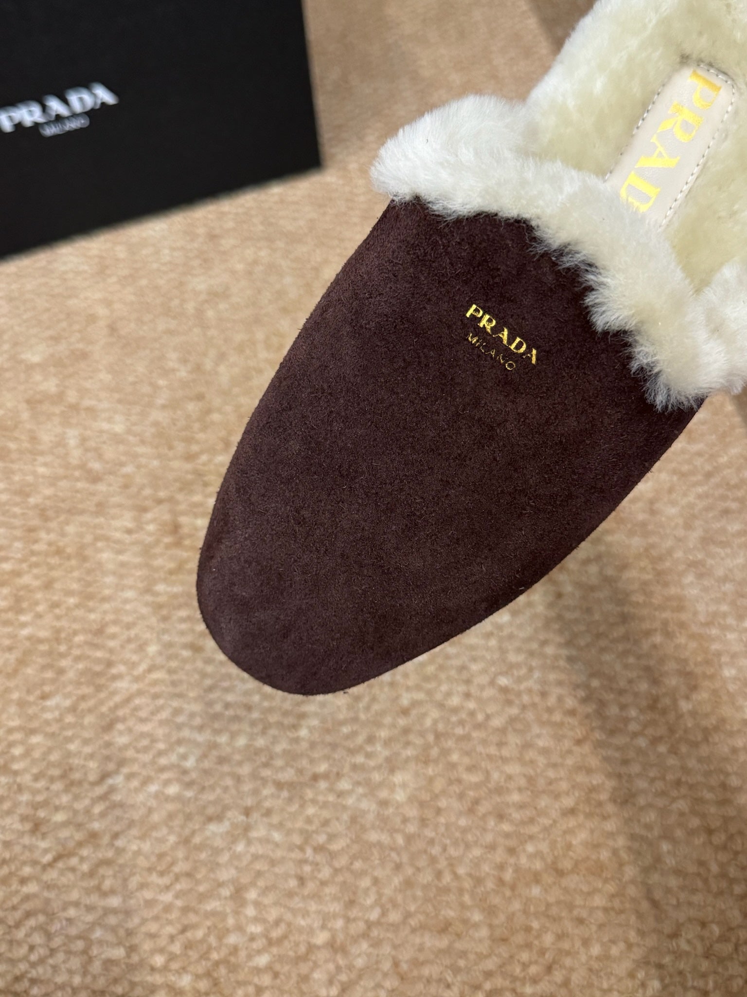 PRADA 26S SHEARLING MULE SLIPPERS IN CHOCOLATE BROWN SUEDE
