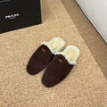 PRADA 26S SHEARLING MULE SLIPPERS IN CHOCOLATE BROWN SUEDE
