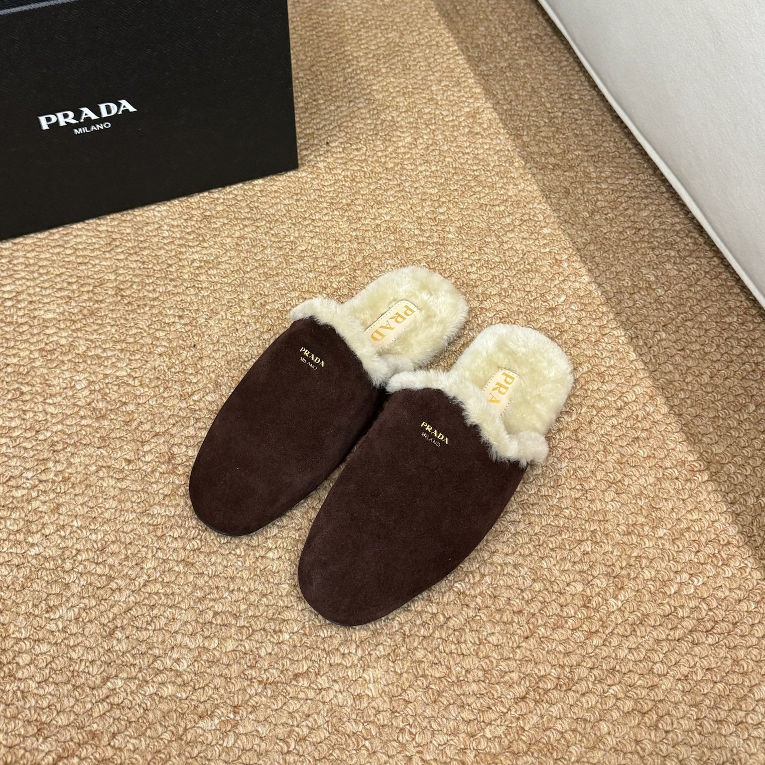 PRADA 26S SHEARLING MULE SLIPPERS IN CHOCOLATE BROWN SUEDE