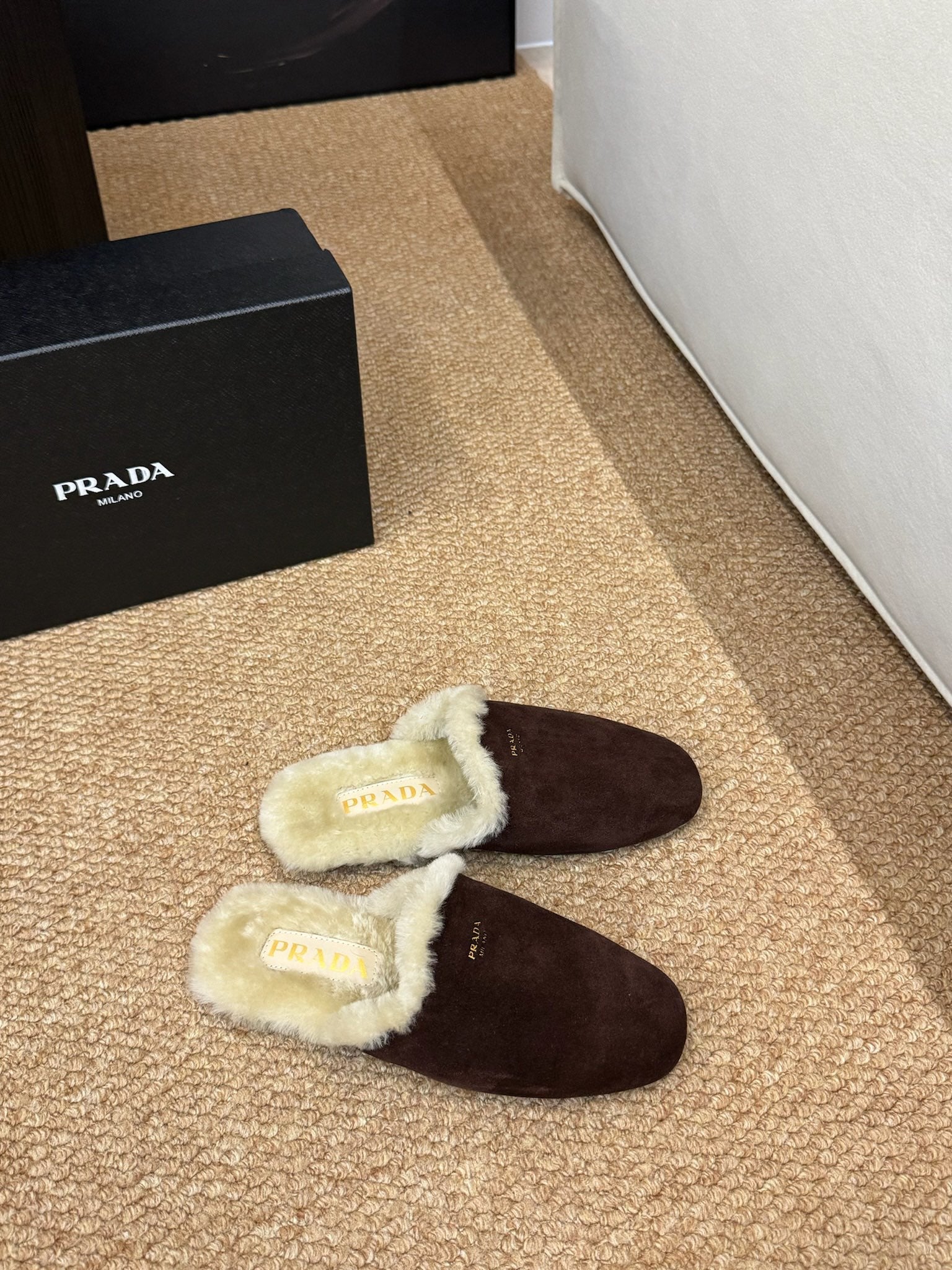PRADA 26S SHEARLING MULE SLIPPERS IN CHOCOLATE BROWN SUEDE