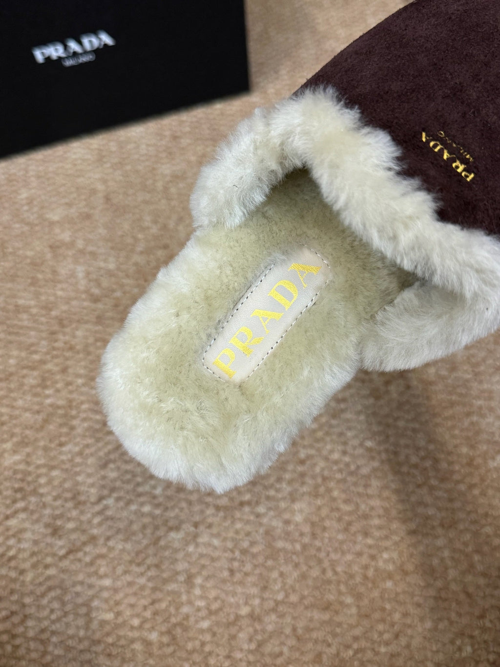 PRADA 26S SHEARLING MULE SLIPPERS IN CHOCOLATE BROWN SUEDE