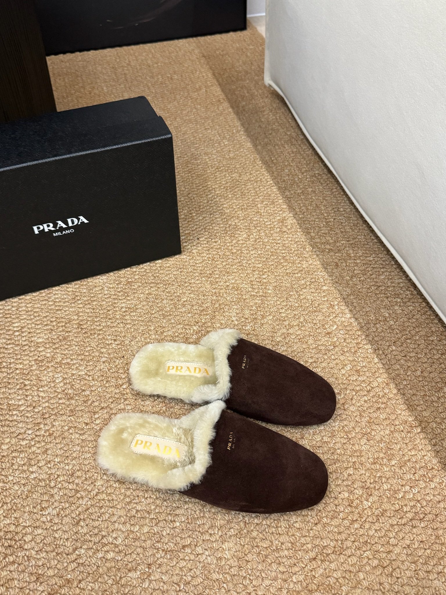 PRADA 26S SHEARLING MULE SLIPPERS IN CHOCOLATE BROWN SUEDE